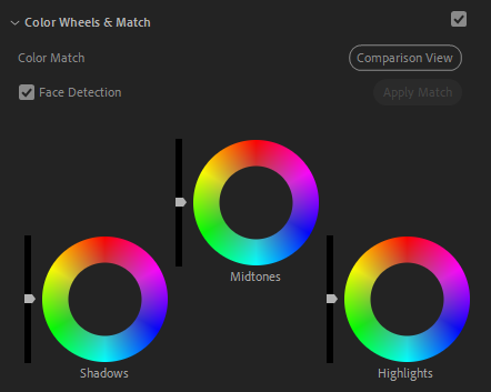 بخش Color Wheels & Match در پنل Lumetri Color در نرم افزار Adobe Premiere Pro